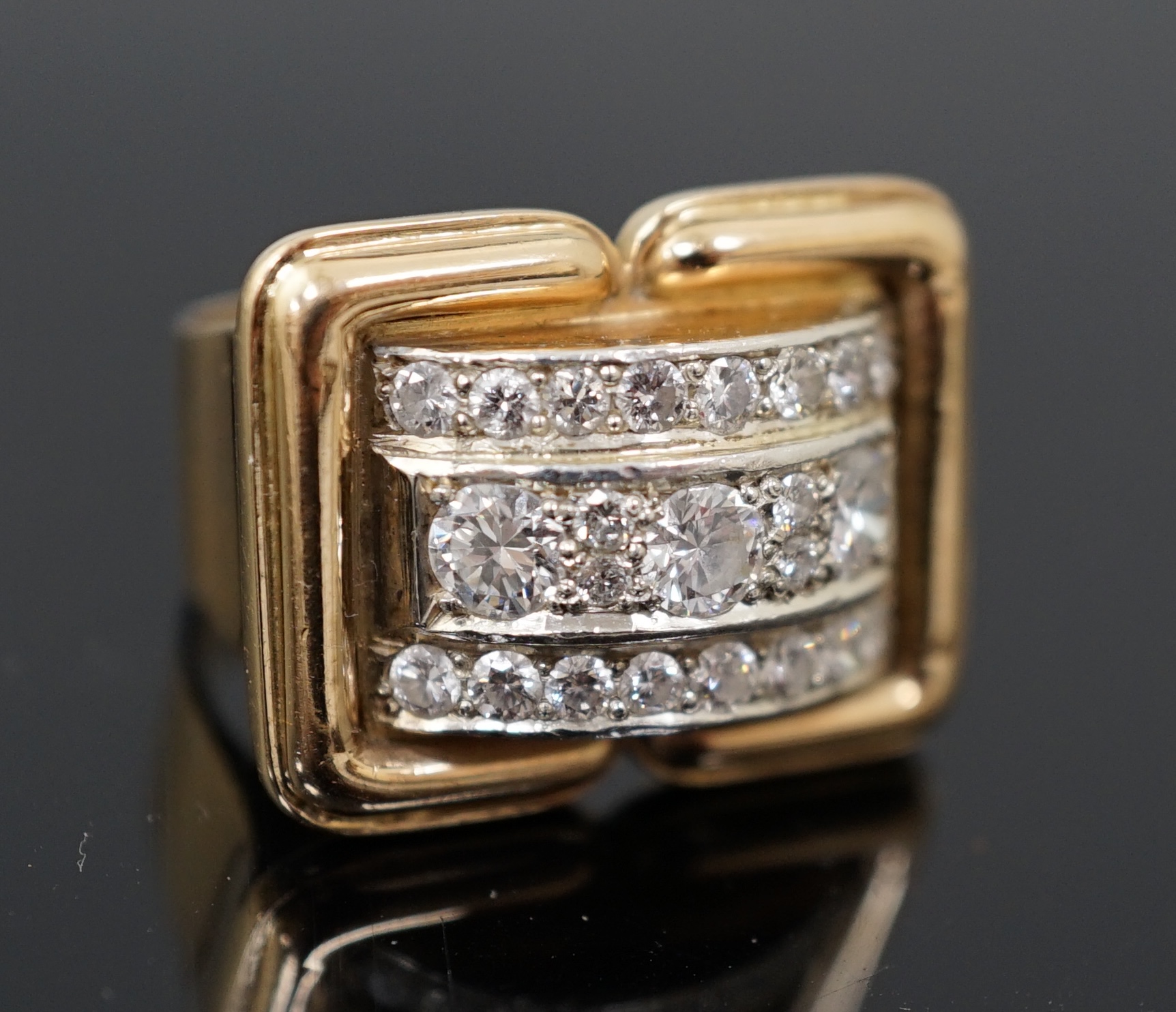 A mid 20th century gold and diamond cluster set rectangular dress ring